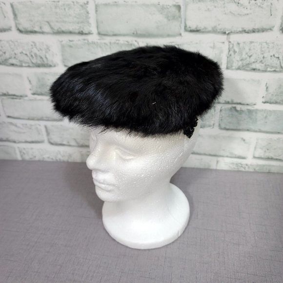 Vintage 50s 60s Black Mink Fur Hat Furry Halo Winter Fascinator Hat Sequin Side - Picture 2 of 8